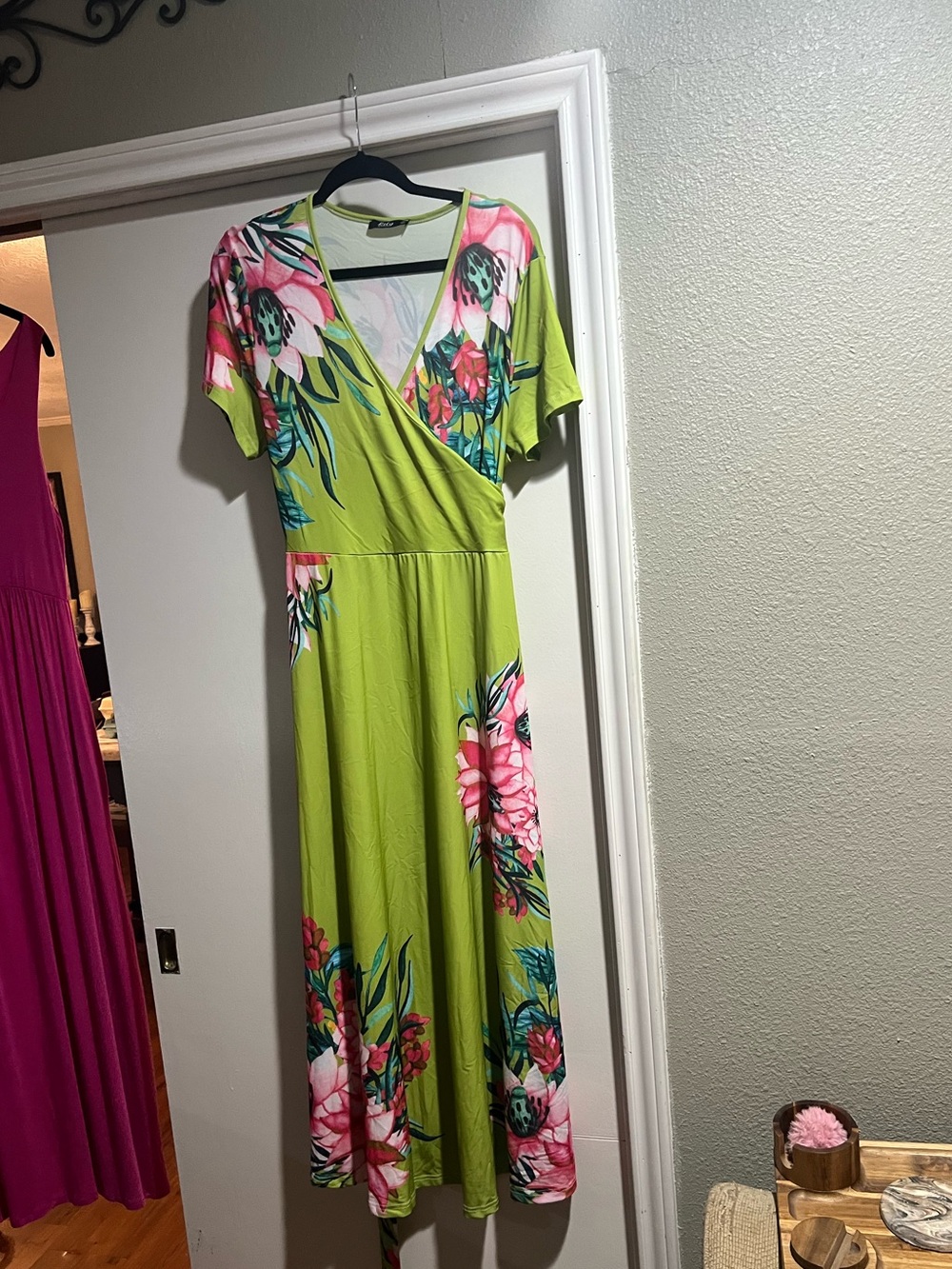 Lime Green Floral Wrap Maxi Dress with Pink Blooms
